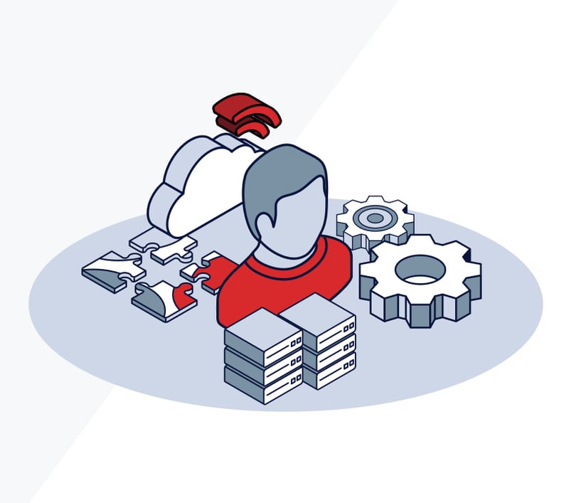 Bust of person with cloud puzzle gears and servers surrounding it illustration