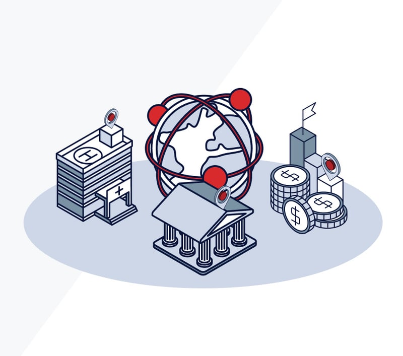 Globe with bank hospital and finances icons illustration