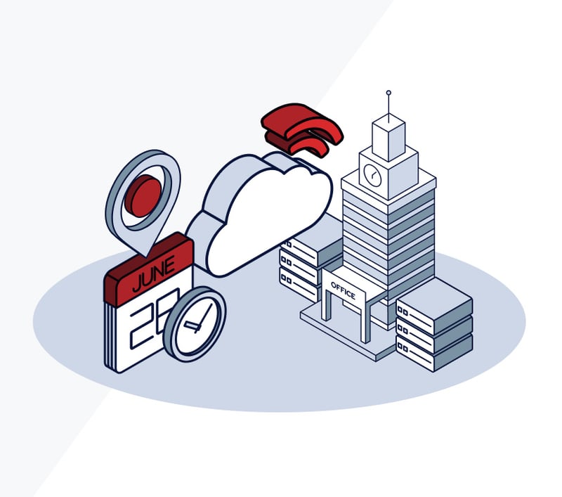 Office building with cloud location pin calendar and clock illustration