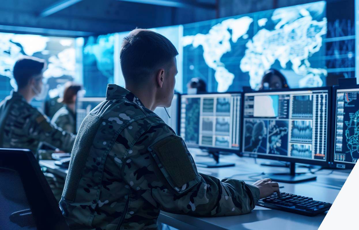 Man in camo military uniform typing on keyboard