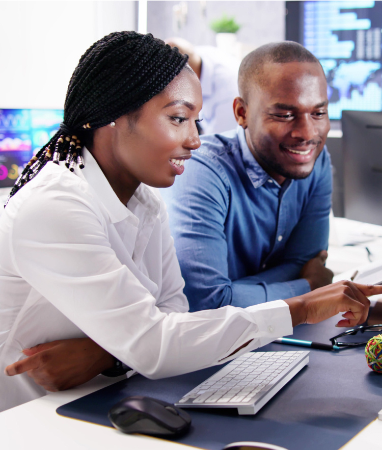 Man and woman looking at data on computer screen-mobile